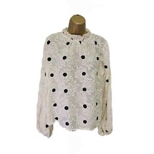 Ivory Sheer Blouse Womens Large Floral Black Embroidered Balloon Sleeve Eyelash